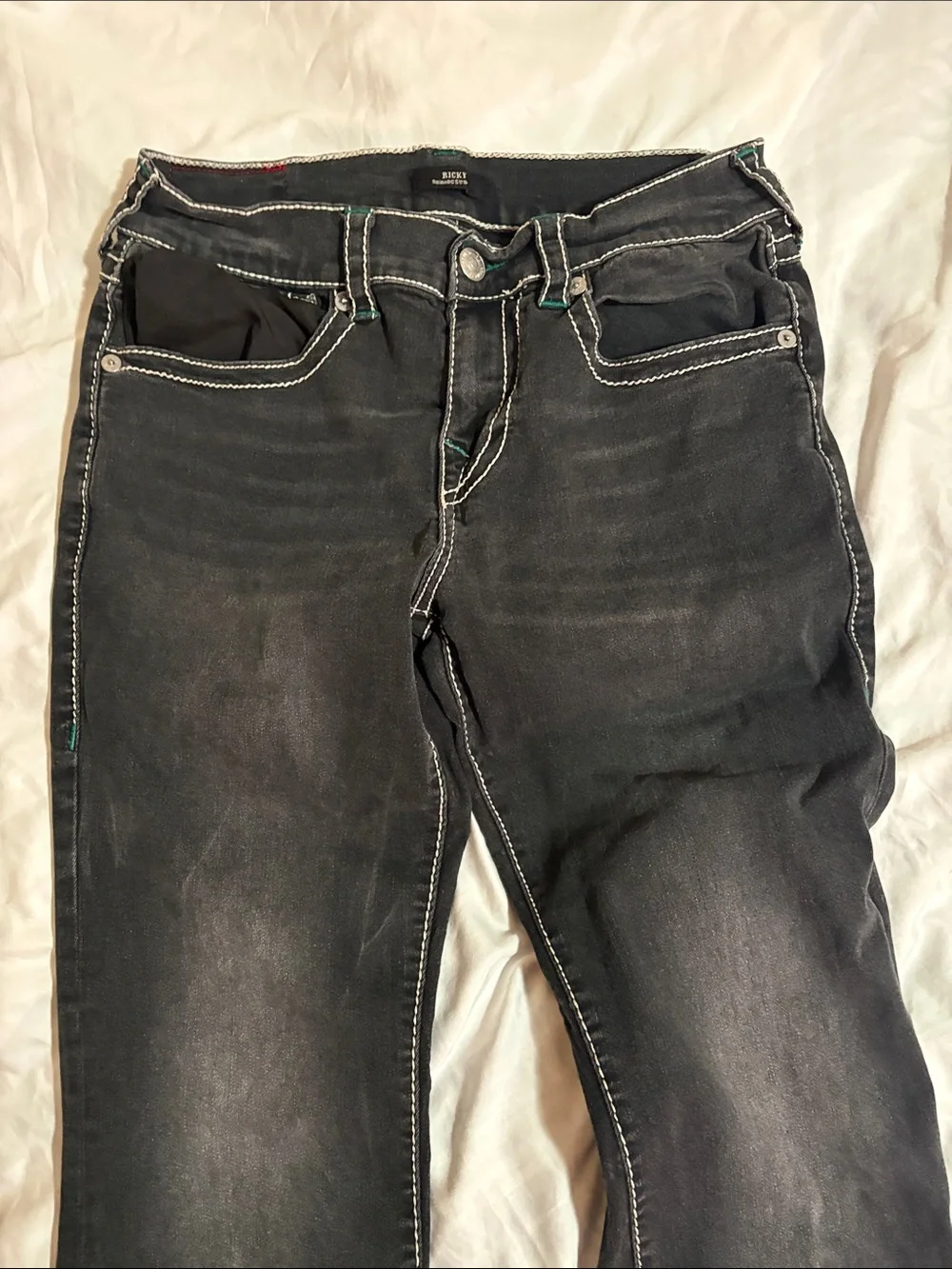 True Religion Men's Black Relaxed Jeans with Green Stitching